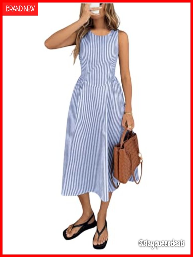 Sleeveless Striped Pleated Swing Midi Dress With Pockets